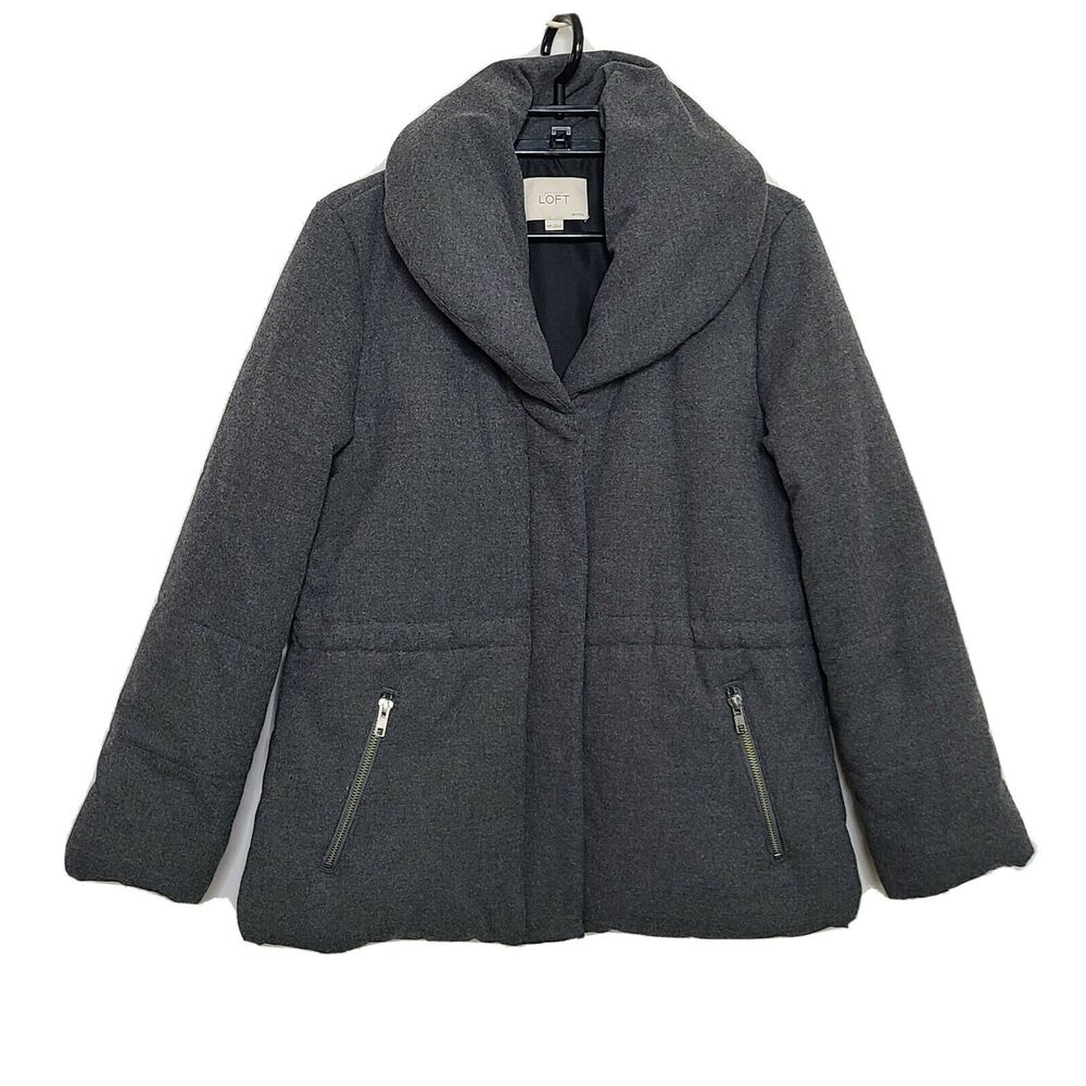 Ann Taylor Loft Puffer Jacket SZ Medium Petite Gray Zip Winter